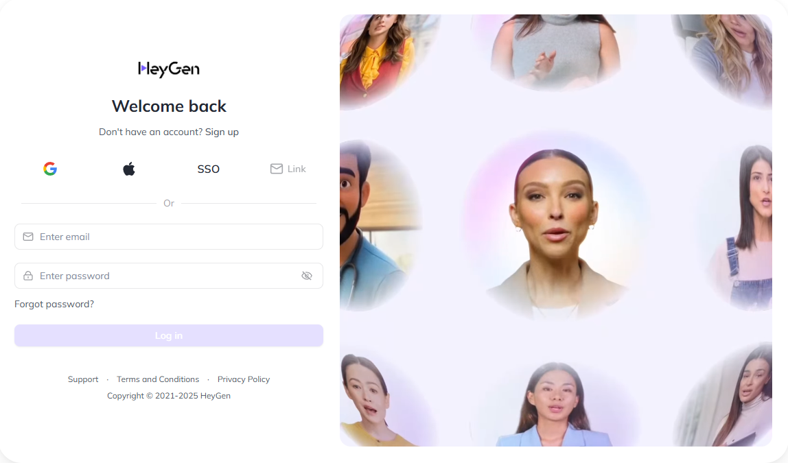 A screenshot of the Heygen sign up page, demonstrating the simple heygen login process.